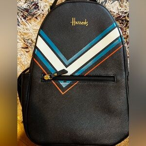 Harrods Black Chevron Backpack with Blue and Orange Accents